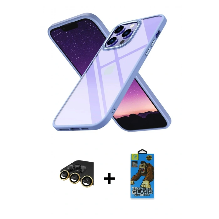 MARSİLYAN™- iPhone 14 Pro Kılıf Nova Işık Serisi - Siyah 18D Cam Ekran Koruyucu + Raze Metal Kamera Lens - GD
