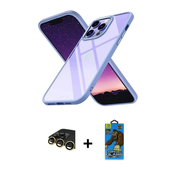 MARSİLYAN™- iPhone 14 Pro Kılıf Nova Işık Serisi - Siyah 18D Cam Ekran Koruyucu + Raze Metal Kamera Lens - GD