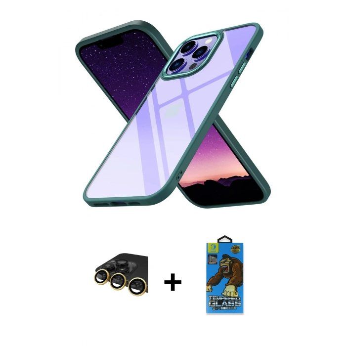MARSİLYAN™- iPhone 14 Pro Kılıf Nova Işık Serisi - Siyah 18D Cam Ekran Koruyucu + Raze Metal Kamera Lens - GD