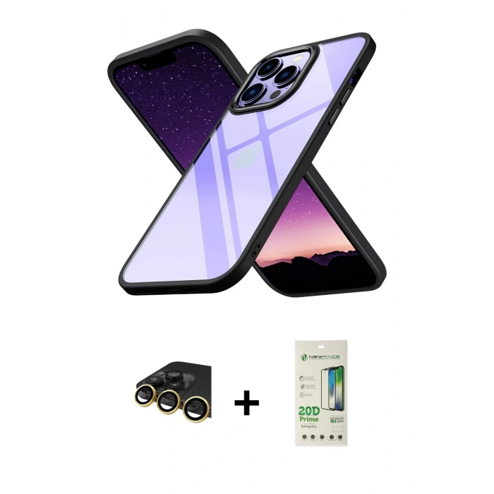 MARSİLYAN™- iPhone 14 Pro Kılıf Nova Işık Serisi - Siyah 20D Premium Cam Ekran Koruyucu + Raze Metal Kamera Lens - GD