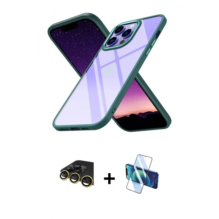 MARSİLYAN™- iPhone 14 Pro Kılıf Nova Işık Serisi - Siyah 3D Antistatik Cam Ekran Koruyucu + Raze Metal Kamera Lens - GD