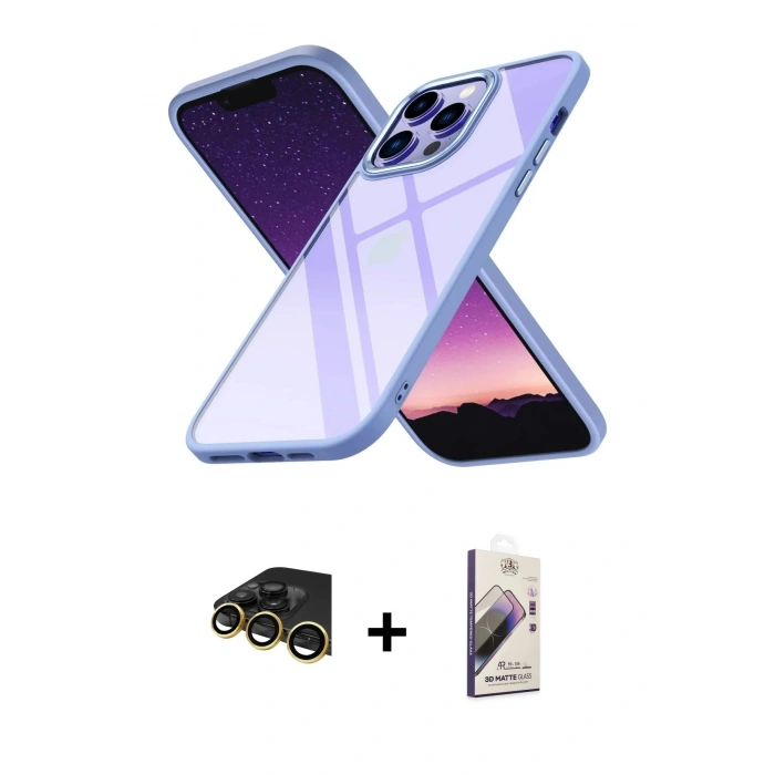 MARSİLYAN™- iPhone 14 Pro Kılıf Nova Işık Serisi - Siyah Bilvis 3D Mat Cam Ekran Koruyucu + Raze Metal Kamera Lens - GD