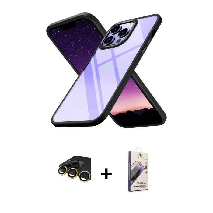 MARSİLYAN™- iPhone 14 Pro Kılıf Nova Işık Serisi - Siyah Bilvis 3D Mat Cam Ekran Koruyucu + Raze Metal Kamera Lens - GD