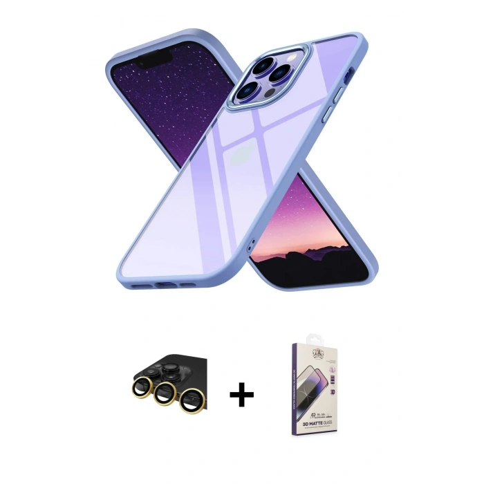 MARSİLYAN™- iPhone 14 Pro Kılıf Nova Işık Serisi - Siyah Bilvis 3D Mat Cam Ekran Koruyucu + Raze Metal Kamera Lens - GD