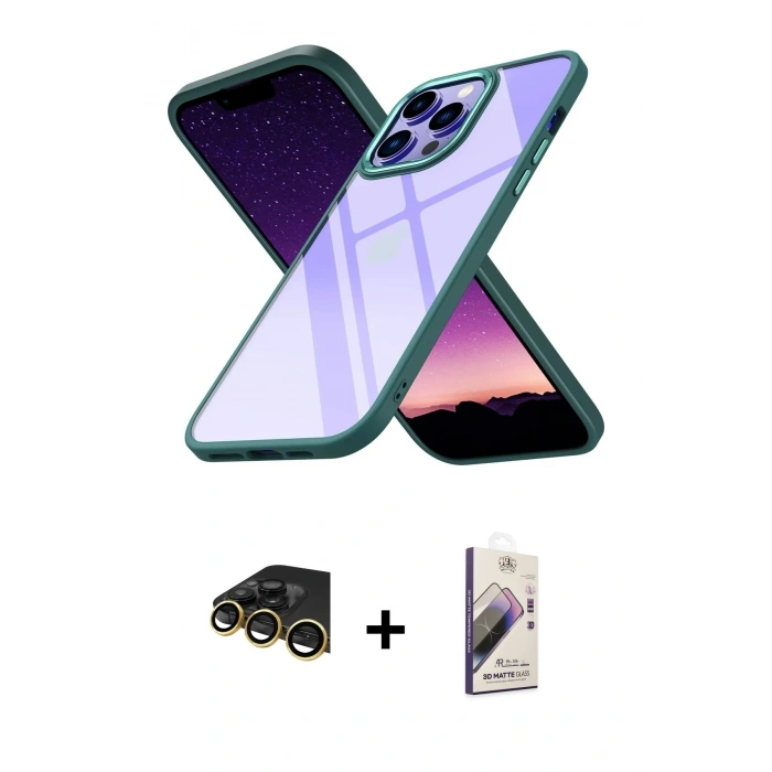 MARSİLYAN™- iPhone 14 Pro Kılıf Nova Işık Serisi - Siyah Bilvis 3D Mat Cam Ekran Koruyucu + Raze Metal Kamera Lens - GD
