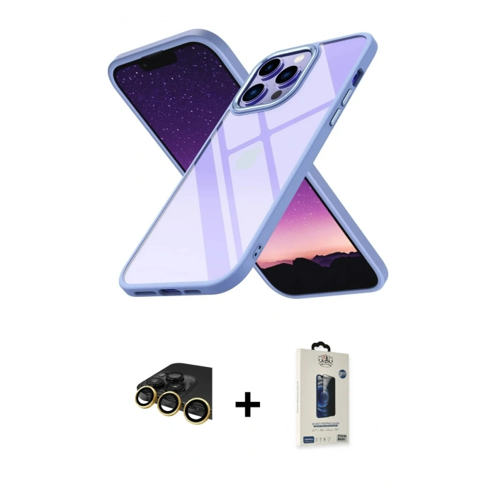 MARSİLYAN™- iPhone 14 Pro Kılıf Nova Işık Serisi - Siyah Bilvis Hayalet Cam Ekran Koruyucu + Raze Metal Kamera Lens - GD