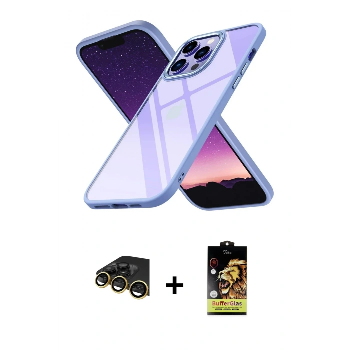 MARSİLYAN™- iPhone 14 Pro Kılıf Nova Işık Serisi - Siyah Buffer Cam Ekran Koruyucu + Raze Metal Kamera Lens - GD