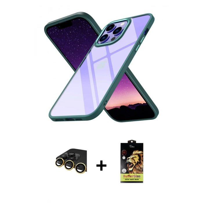 MARSİLYAN™- iPhone 14 Pro Kılıf Nova Işık Serisi - Siyah Buffer Cam Ekran Koruyucu + Raze Metal Kamera Lens - GD