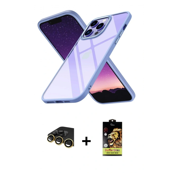 MARSİLYAN™- iPhone 14 Pro Kılıf Nova Işık Serisi - Siyah Buffer Cam Ekran Koruyucu + Raze Metal Kamera Lens - GD