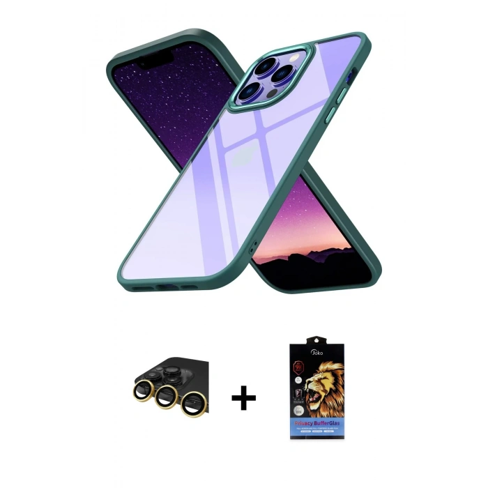 MARSİLYAN™- iPhone 14 Pro Kılıf Nova Işık Serisi - Siyah Buffer Hayalet Cam Ekran Koruyucu + Raze Metal Kamera Lens - GD