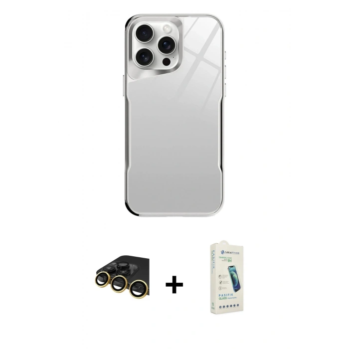 MARSİLYAN™- iPhone 14 Pro Kılıf Odak Doku - Şeffaf Pasifik Cam Ekran Koruyucu + Raze Metal Kamera Lens - GD