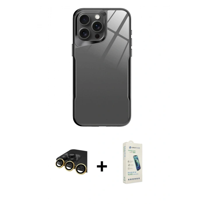 MARSİLYAN™- iPhone 14 Pro Kılıf Odak Doku - Şeffaf Pasifik Cam Ekran Koruyucu + Raze Metal Kamera Lens - GD