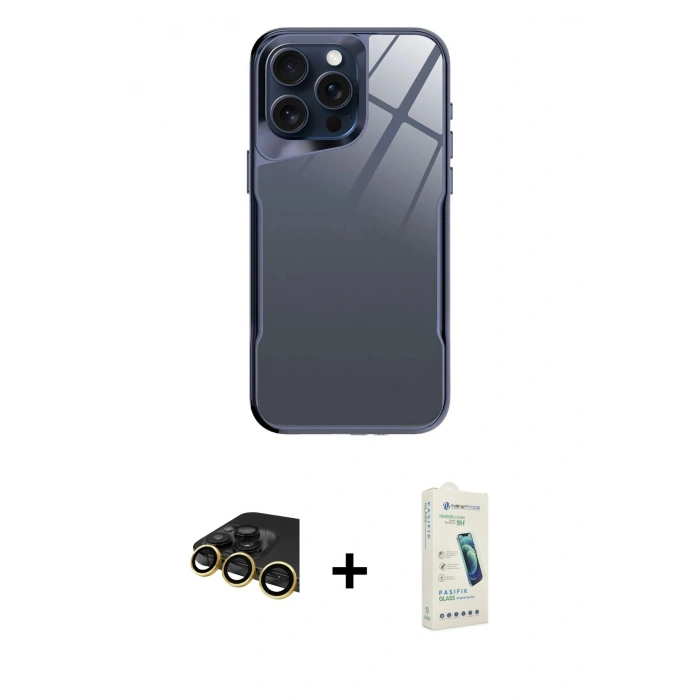 MARSİLYAN™- iPhone 14 Pro Kılıf Odak Doku - Şeffaf Pasifik Cam Ekran Koruyucu + Raze Metal Kamera Lens - GD