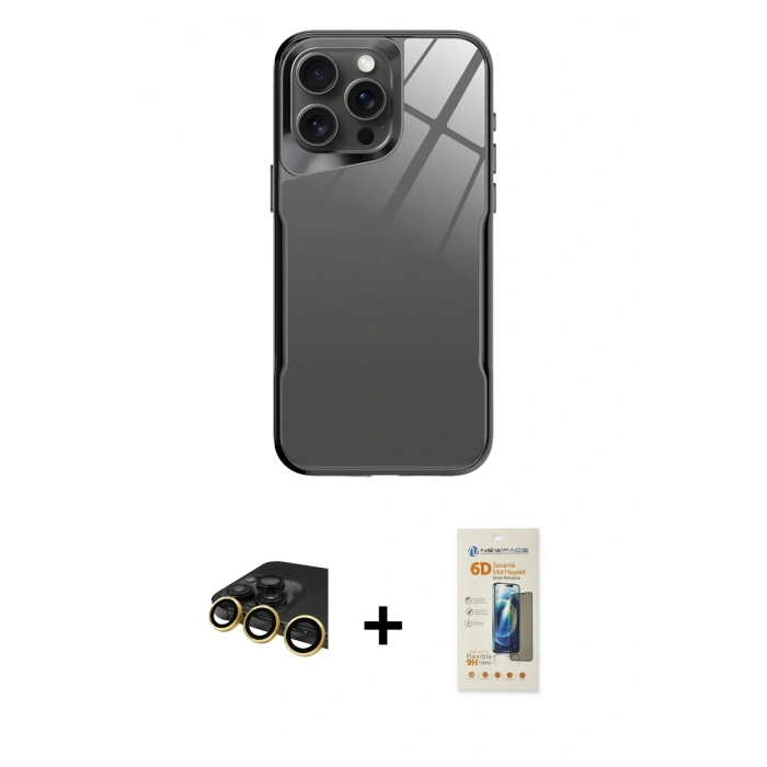 MARSİLYAN™- iPhone 14 Pro Kılıf Odak Doku - Siyah 6D Mat Seramik Hayalet Nano Ekran Koruyucu + Raze Metal Kamera Lens - GD