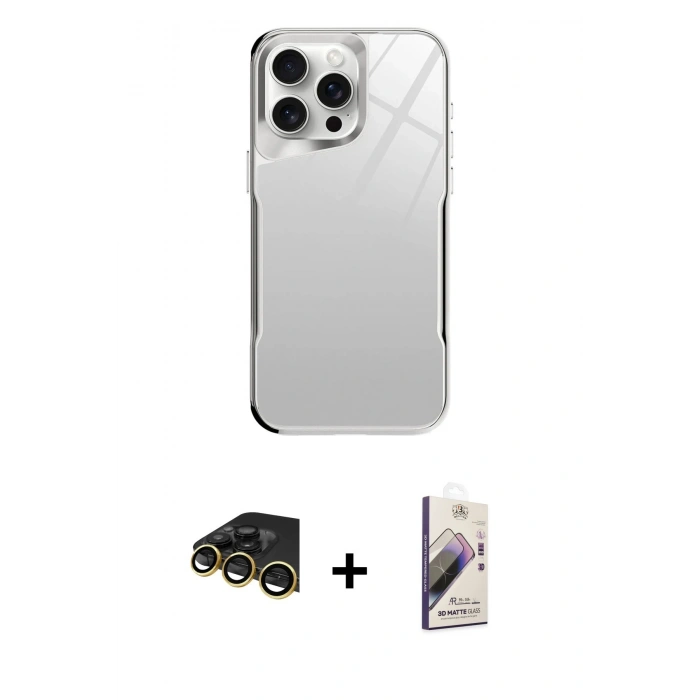 MARSİLYAN™- iPhone 14 Pro Kılıf Odak Doku - Siyah Bilvis 3D Mat Cam Ekran Koruyucu + Raze Metal Kamera Lens - GD