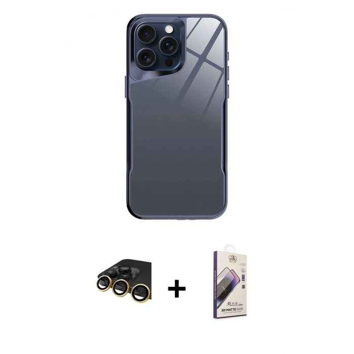 MARSİLYAN™- iPhone 14 Pro Kılıf Odak Doku - Siyah Bilvis 3D Mat Cam Ekran Koruyucu + Raze Metal Kamera Lens - GD