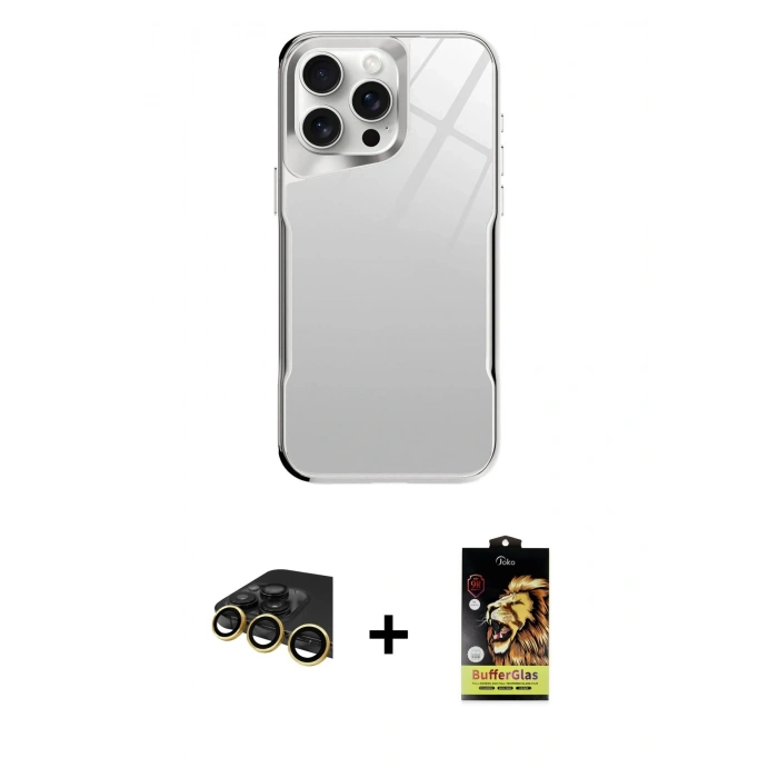 MARSİLYAN™- iPhone 14 Pro Kılıf Odak Doku - Siyah Buffer Cam Ekran Koruyucu + Raze Metal Kamera Lens - GD