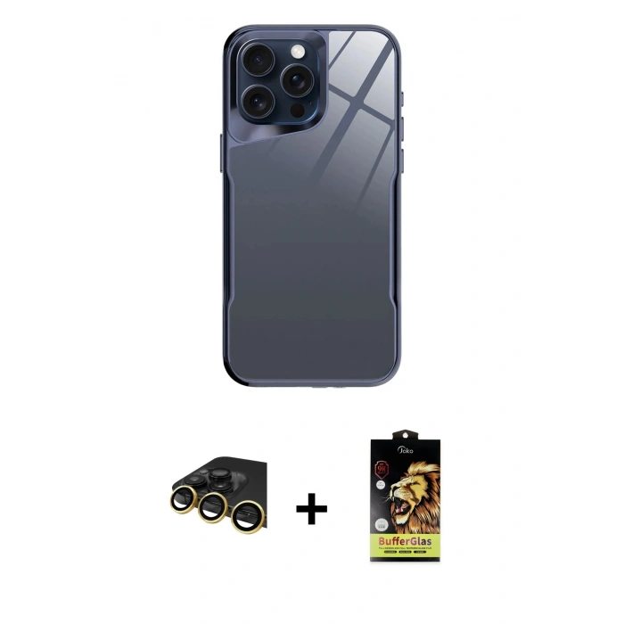 MARSİLYAN™- iPhone 14 Pro Kılıf Odak Doku - Siyah Buffer Cam Ekran Koruyucu + Raze Metal Kamera Lens - GD