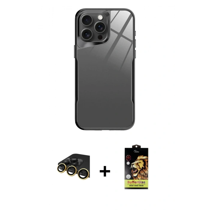 MARSİLYAN™- iPhone 14 Pro Kılıf Odak Doku - Siyah Buffer Cam Ekran Koruyucu + Raze Metal Kamera Lens - GD