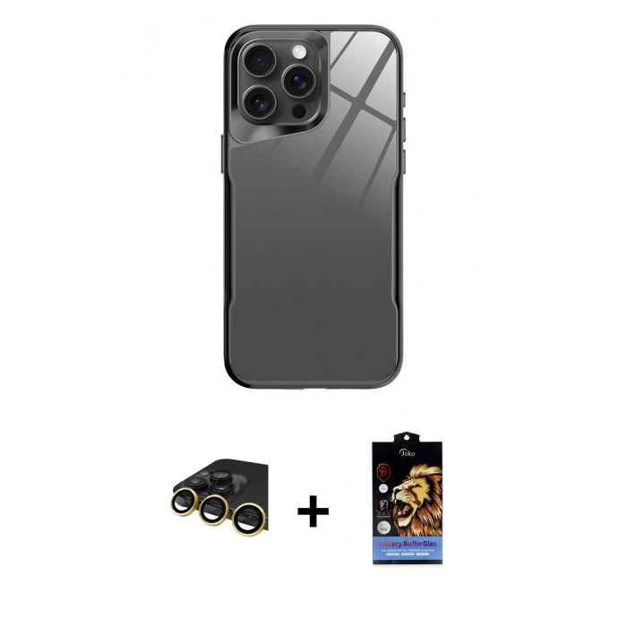 MARSİLYAN™- iPhone 14 Pro Kılıf Odak Doku - Siyah Buffer Hayalet Cam Ekran Koruyucu + Raze Metal Kamera Lens - GD