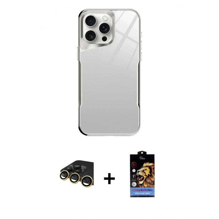 MARSİLYAN™- iPhone 14 Pro Kılıf Odak Doku - Siyah Buffer Hayalet Cam Ekran Koruyucu + Raze Metal Kamera Lens - GD