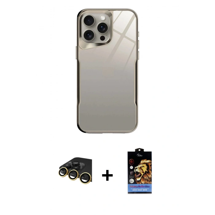 MARSİLYAN™- iPhone 14 Pro Kılıf Odak Doku - Siyah Buffer Hayalet Cam Ekran Koruyucu + Raze Metal Kamera Lens - GD