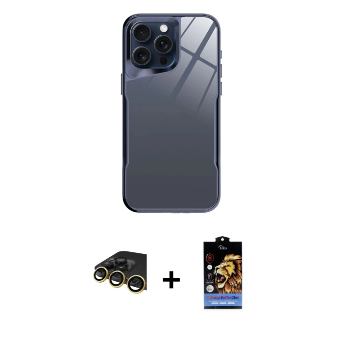 MARSİLYAN™- iPhone 14 Pro Kılıf Odak Doku - Siyah Buffer Hayalet Cam Ekran Koruyucu + Raze Metal Kamera Lens - GD