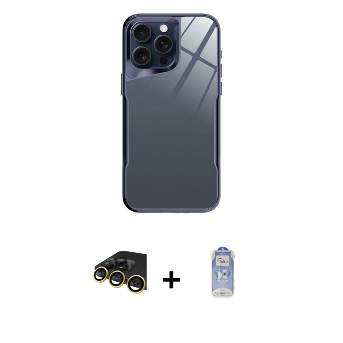 MARSİLYAN™- iPhone 14 Pro Kılıf Odak Doku - Siyah Joko Magic 5D Cam + Gold Raze Metal Kamera Lens