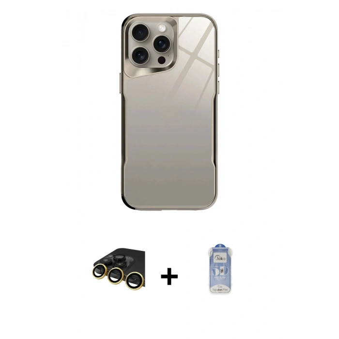 MARSİLYAN™- iPhone 14 Pro Kılıf Odak Doku - Siyah Joko Magic 5D Cam + Gold Raze Metal Kamera Lens