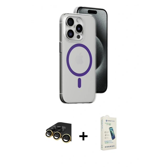 MARSİLYAN™- iPhone 14 Pro Kılıf Odak Form Özel Seri - Şeffaf Pasifik Cam Ekran Koruyucu + Raze Metal Kamera Lens - GD