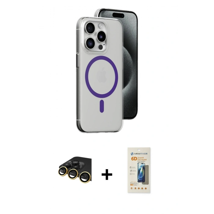 MARSİLYAN™- iPhone 14 Pro Kılıf Odak Form Özel Seri - Siyah 6D Mat Seramik Hayalet Nano Ekran Koruyucu + Gold Raze Metal Kamera Lens