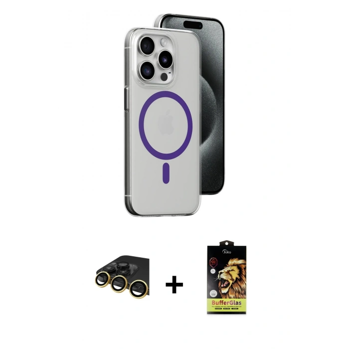 MARSİLYAN™- iPhone 14 Pro Kılıf Odak Form Özel Seri - Siyah Buffer Cam Ekran Koruyucu + Gold Raze Metal Kamera Lens