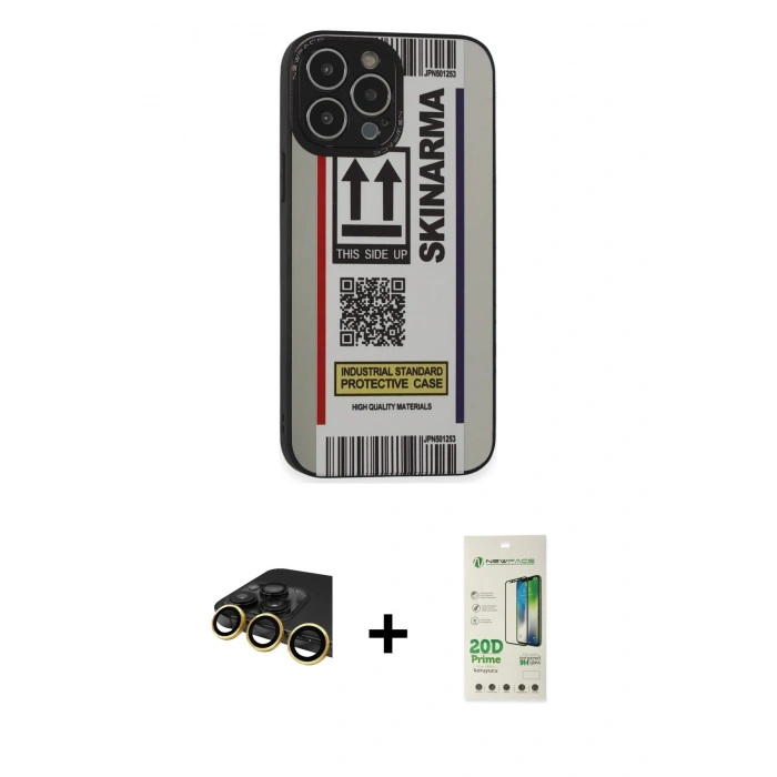 MARSİLYAN™- iPhone 14 Pro Kılıf Odak Klasik Serisi - Siyah 20D Premium Cam Ekran Koruyucu + Gold Raze Metal Kamera Lens