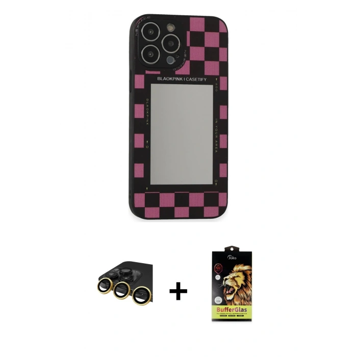 MARSİLYAN™- iPhone 14 Pro Kılıf Odak Klasik Serisi - Siyah Buffer Cam Ekran Koruyucu + Raze Metal Kamera Lens - GD
