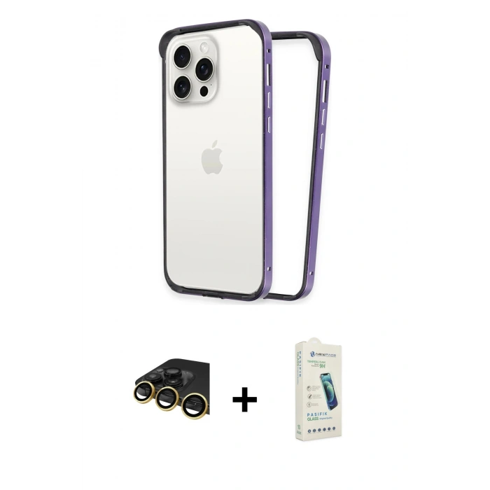 MARSİLYAN™- iPhone 14 Pro Kılıf Pusula Asil Koleksiyonu - Şeffaf Pasifik Cam Ekran Koruyucu + Raze Metal Kamera Lens - GD