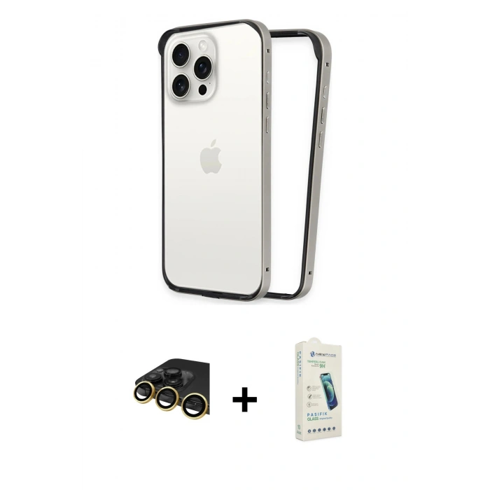 MARSİLYAN™- iPhone 14 Pro Kılıf Pusula Asil Koleksiyonu - Şeffaf Pasifik Cam Ekran Koruyucu + Raze Metal Kamera Lens - GD