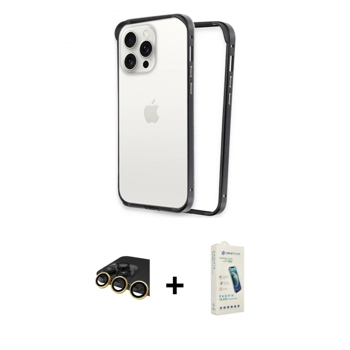 MARSİLYAN™- iPhone 14 Pro Kılıf Pusula Asil Koleksiyonu - Şeffaf Pasifik Cam Ekran Koruyucu + Raze Metal Kamera Lens - GD