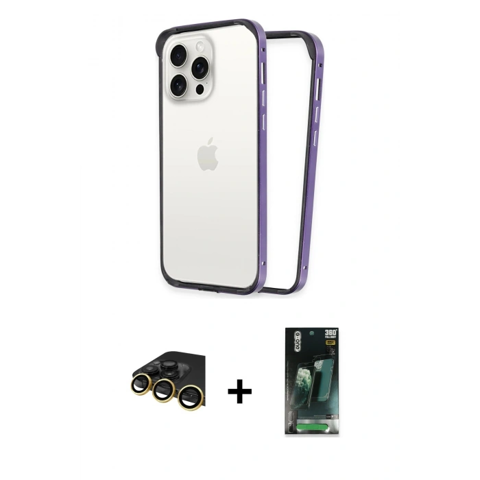 MARSİLYAN™- iPhone 14 Pro Kılıf Pusula Asil Koleksiyonu - Siyah 360 Mat Full Body Arka Koruyucu + Raze Metal Kamera Lens - GD