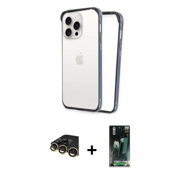 MARSİLYAN™- iPhone 14 Pro Kılıf Pusula Asil Koleksiyonu - Siyah 360 Mat Full Body Arka Koruyucu + Raze Metal Kamera Lens - GD