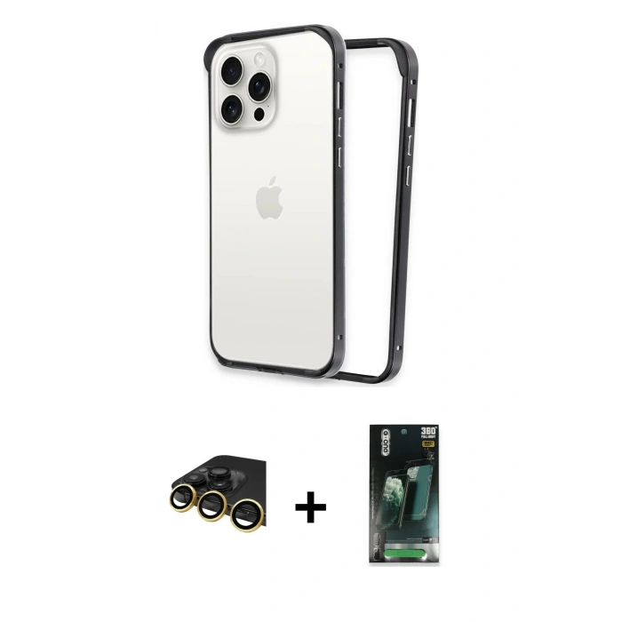 MARSİLYAN™- iPhone 14 Pro Kılıf Pusula Asil Koleksiyonu - Siyah 360 Mat Full Body Arka Koruyucu + Raze Metal Kamera Lens - GD
