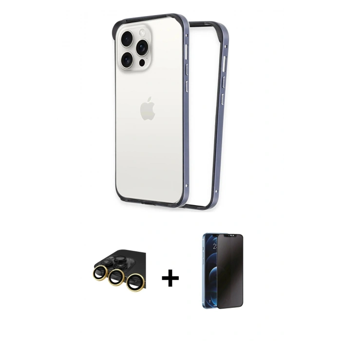 MARSİLYAN™- iPhone 14 Pro Kılıf Pusula Asil Koleksiyonu - Siyah 3D Antistatik Hayalet Cam Ekran Koruyucu + Raze Metal Kamera Lens - GD