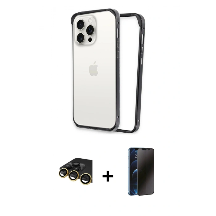 MARSİLYAN™- iPhone 14 Pro Kılıf Pusula Asil Koleksiyonu - Siyah 3D Antistatik Hayalet Cam Ekran Koruyucu + Raze Metal Kamera Lens - GD