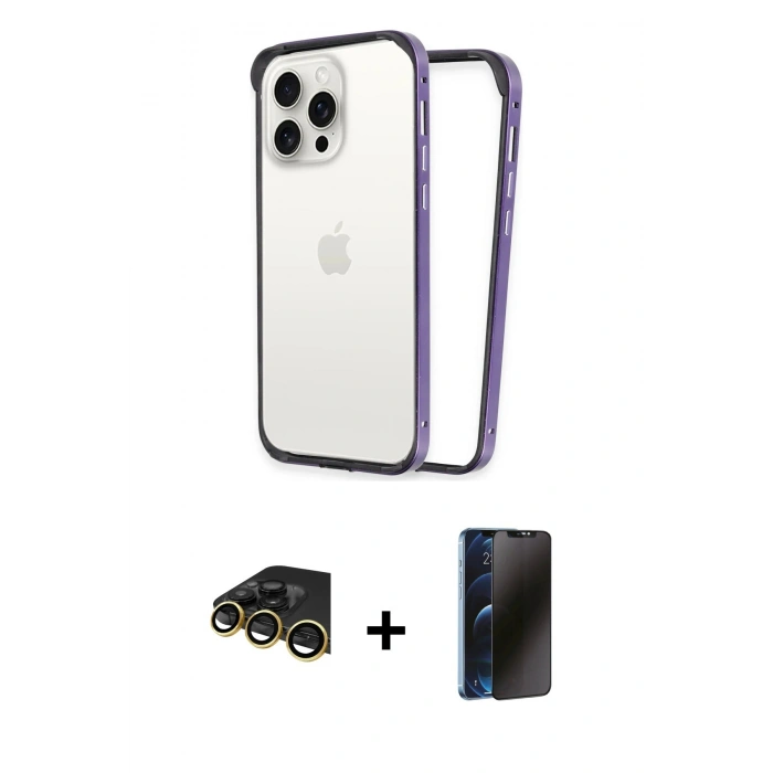 MARSİLYAN™- iPhone 14 Pro Kılıf Pusula Asil Koleksiyonu - Siyah 3D Antistatik Hayalet Cam Ekran Koruyucu + Raze Metal Kamera Lens - GD