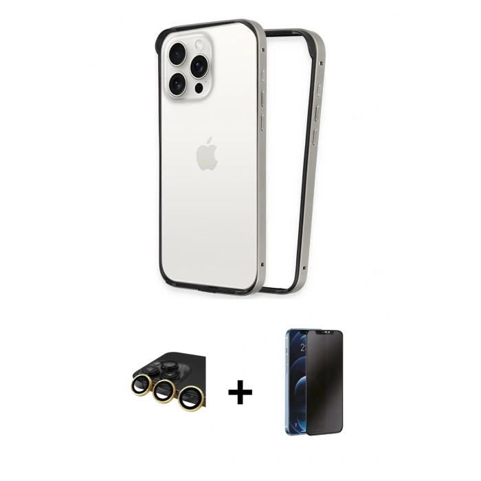 MARSİLYAN™- iPhone 14 Pro Kılıf Pusula Asil Koleksiyonu - Siyah 3D Antistatik Hayalet Cam Ekran Koruyucu + Raze Metal Kamera Lens - GD
