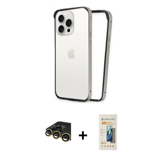 MARSİLYAN™- iPhone 14 Pro Kılıf Pusula Asil Koleksiyonu - Siyah 6D Mat Seramik Hayalet Nano Ekran Koruyucu + Raze Metal Kamera Lens - GD