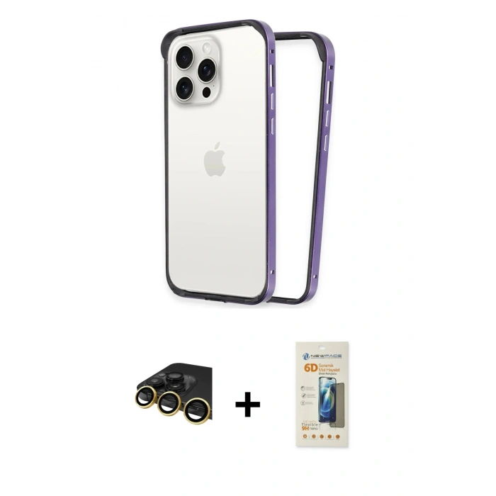 MARSİLYAN™- iPhone 14 Pro Kılıf Pusula Asil Koleksiyonu - Siyah 6D Mat Seramik Hayalet Nano Ekran Koruyucu + Raze Metal Kamera Lens - GD
