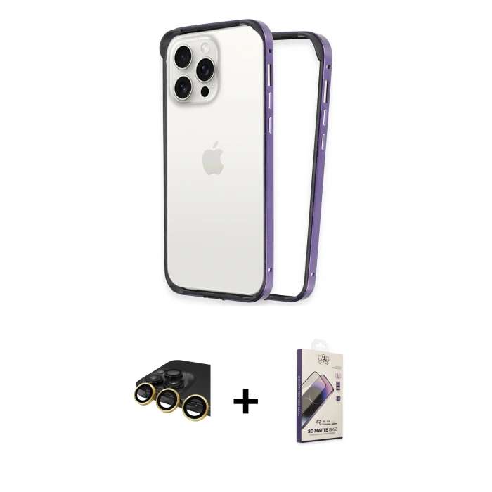 MARSİLYAN™- iPhone 14 Pro Kılıf Pusula Asil Koleksiyonu - Siyah Bilvis 3D Mat Cam Ekran Koruyucu + Raze Metal Kamera Lens - GD