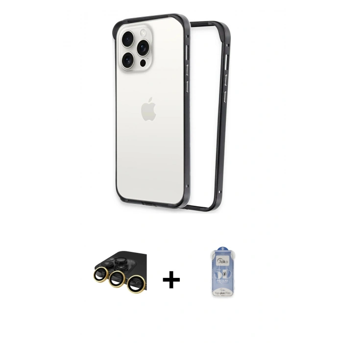 MARSİLYAN™- iPhone 14 Pro Kılıf Pusula Asil Koleksiyonu - Siyah Joko Magic 5D Cam + Raze Metal Kamera Lens - GD