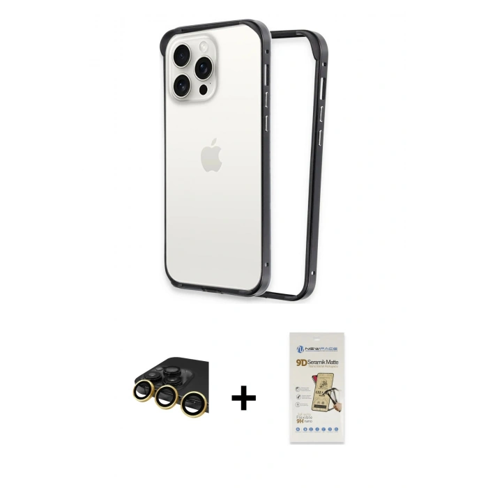 MARSİLYAN™- iPhone 14 Pro Kılıf Pusula Asil Koleksiyonu - Siyah Mat Seramik Nano Ekran Koruyucu + Raze Metal Kamera Lens - GD
