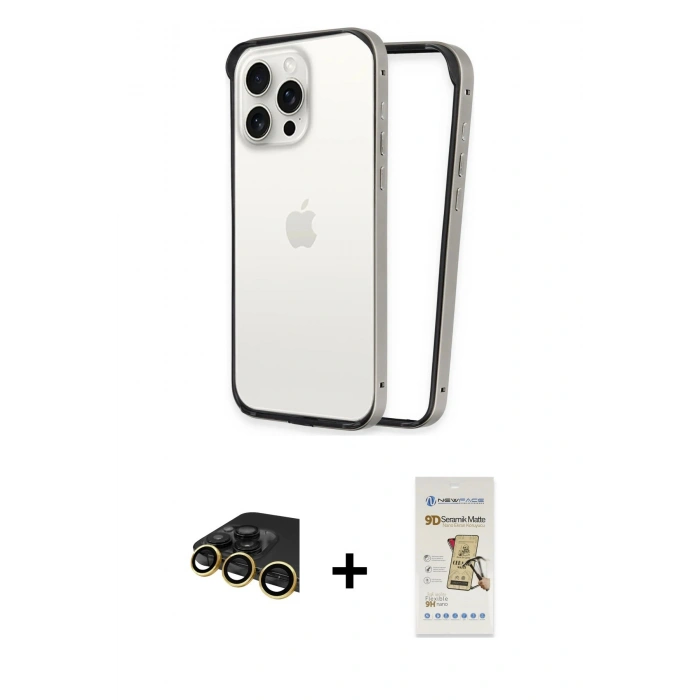 MARSİLYAN™- iPhone 14 Pro Kılıf Pusula Asil Koleksiyonu - Siyah Mat Seramik Nano Ekran Koruyucu + Raze Metal Kamera Lens - GD